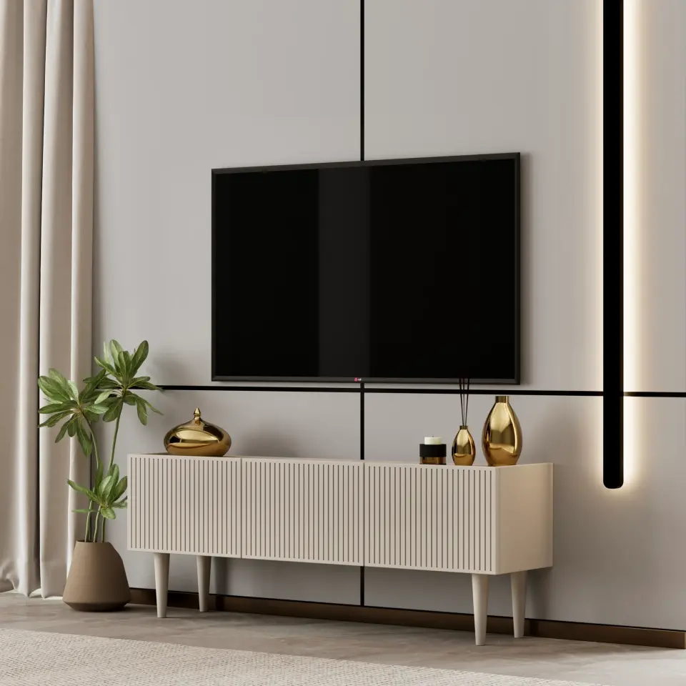 Capella Tv Ünitesi 120 cm ayaklı kapaklı raflı MDF (8 renk seçeneği) KUM TAŞI
