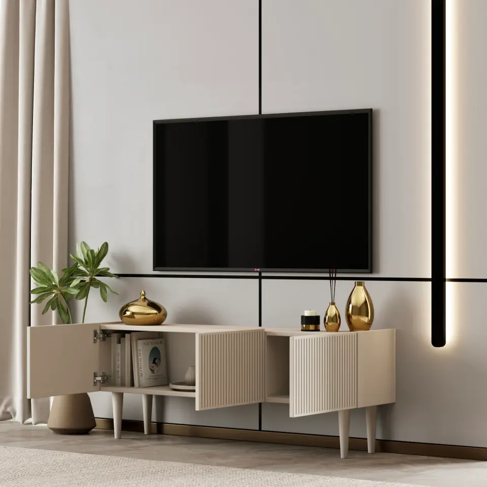Capella Tv Ünitesi 120 cm ayaklı kapaklı raflı MDF (8 renk seçeneği) KUM TAŞI