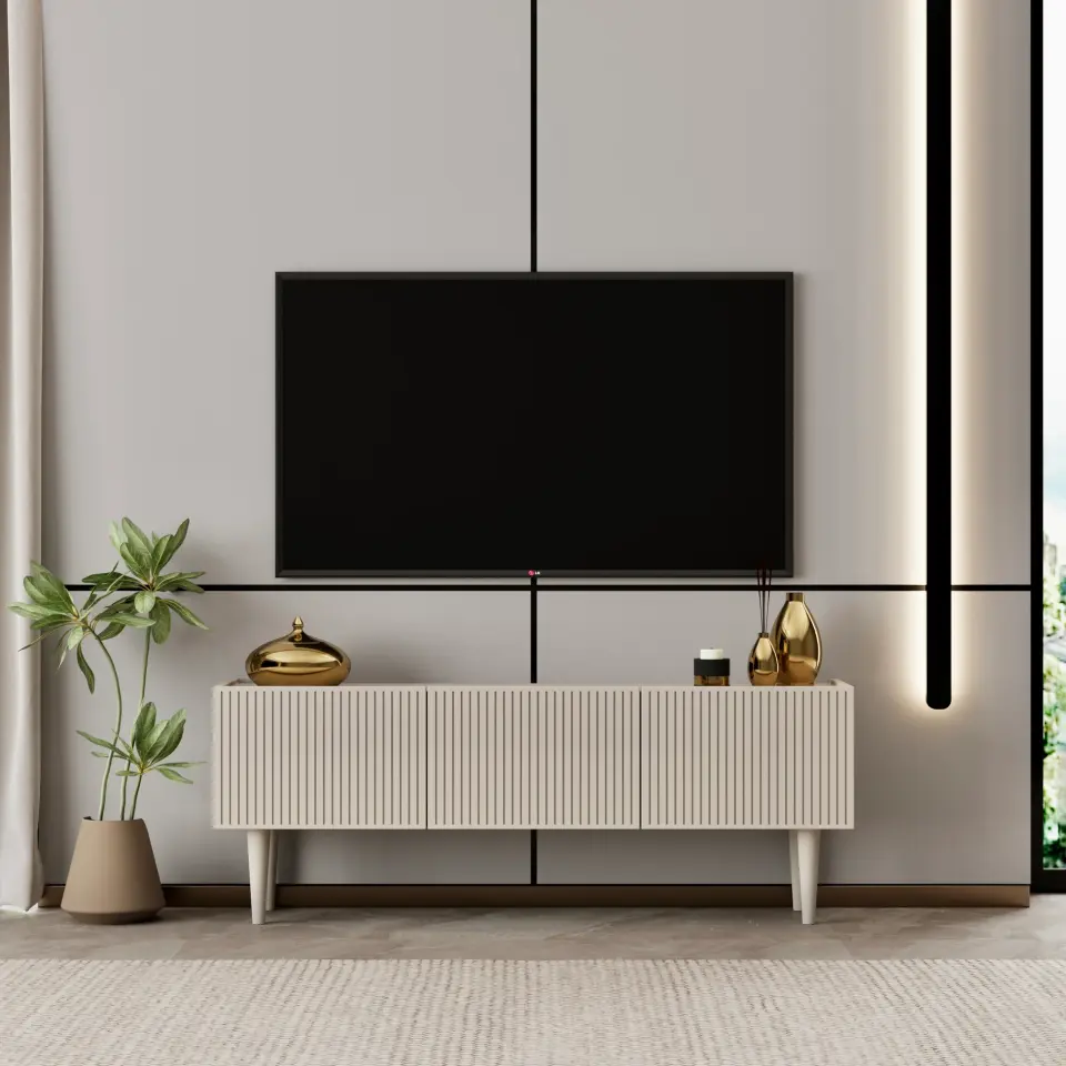 Capella Tv Ünitesi 120 cm ayaklı kapaklı raflı MDF (8 renk seçeneği) KUM TAŞI