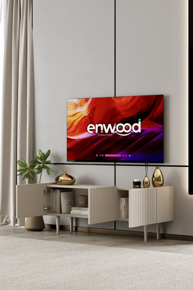 Capella 120 cm Ayaklı TV Ünitesi | Kapaklı Raflı MDF KUM TAŞI