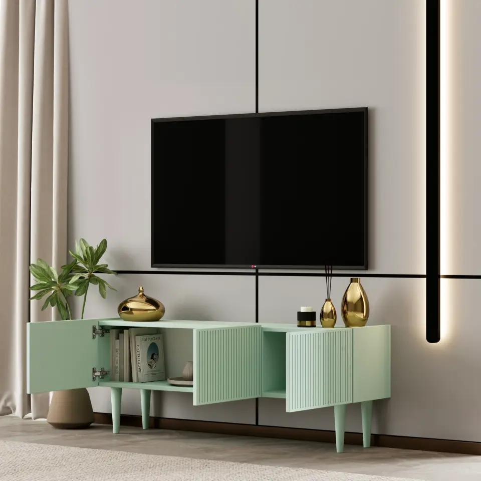 Capella Tv Ünitesi 120 cm ayaklı kapaklı raflı MDF (8 renk seçeneği) MİNT YEŞİLİ