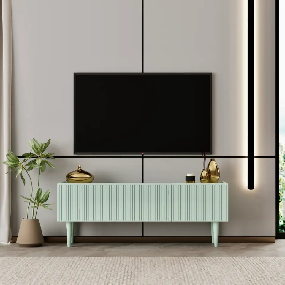 Capella Tv Ünitesi 120 cm ayaklı kapaklı raflı MDF (8 renk seçeneği) MİNT YEŞİLİ