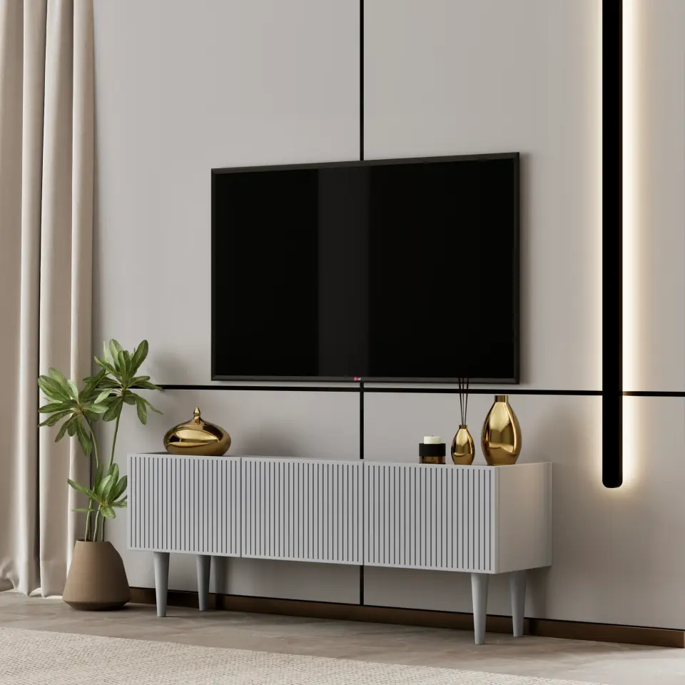Capella Tv Ünitesi 120 cm ayaklı kapaklı raflı MDF (8 renk seçeneği) SİS GRİ