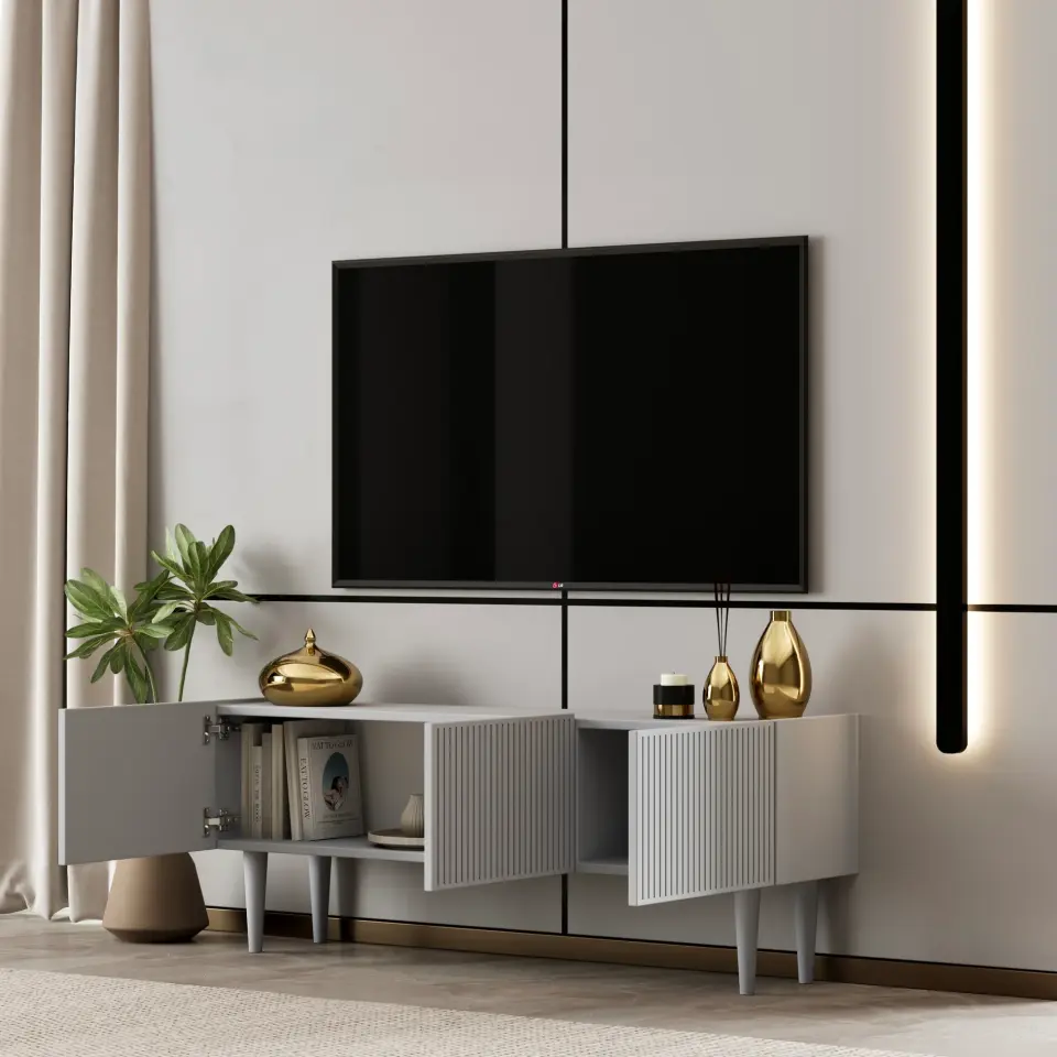 Capella Tv Ünitesi 120 cm ayaklı kapaklı raflı MDF (8 renk seçeneği) SİS GRİ