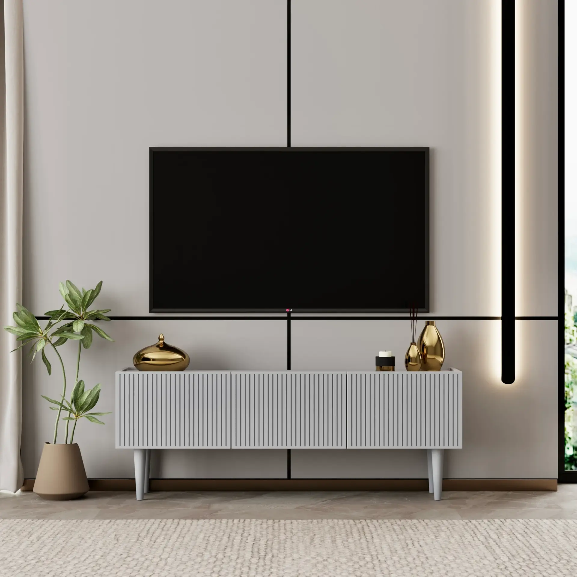Capella Tv Ünitesi 120 cm ayaklı kapaklı raflı MDF (8 renk seçeneği) SİS GRİ