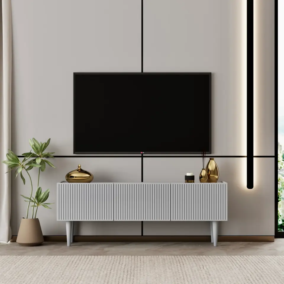 Capella Tv Ünitesi 120 cm ayaklı kapaklı raflı MDF (8 renk seçeneği) SİS GRİ