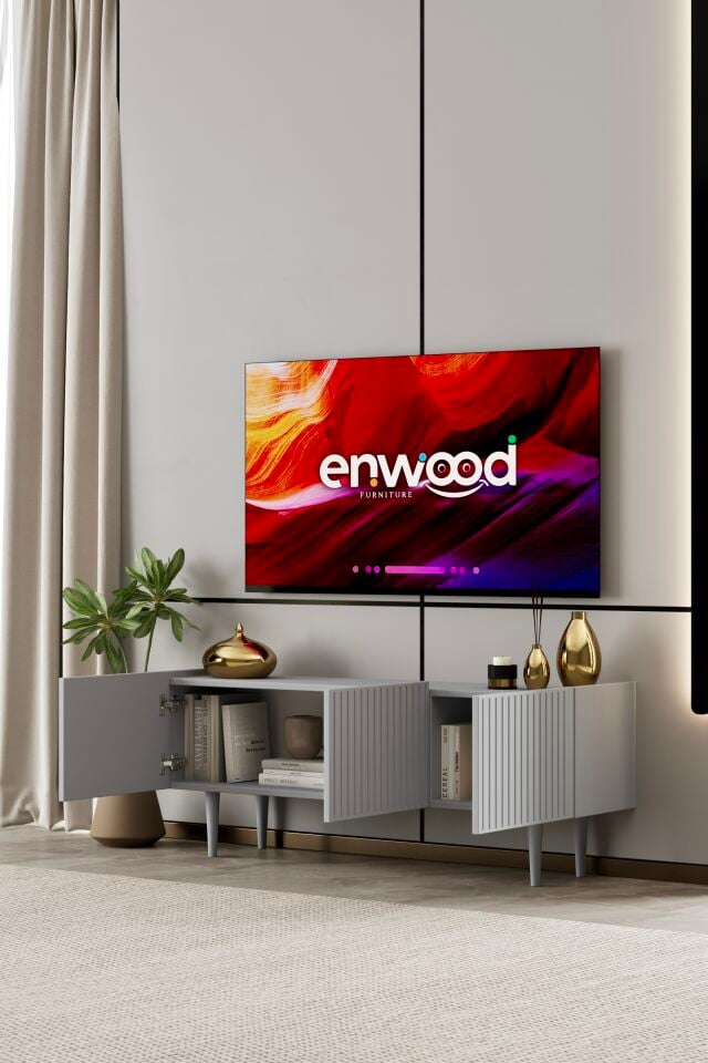 Capella 120 cm Ayaklı TV Ünitesi | Kapaklı Raflı MDF SİS GRİ