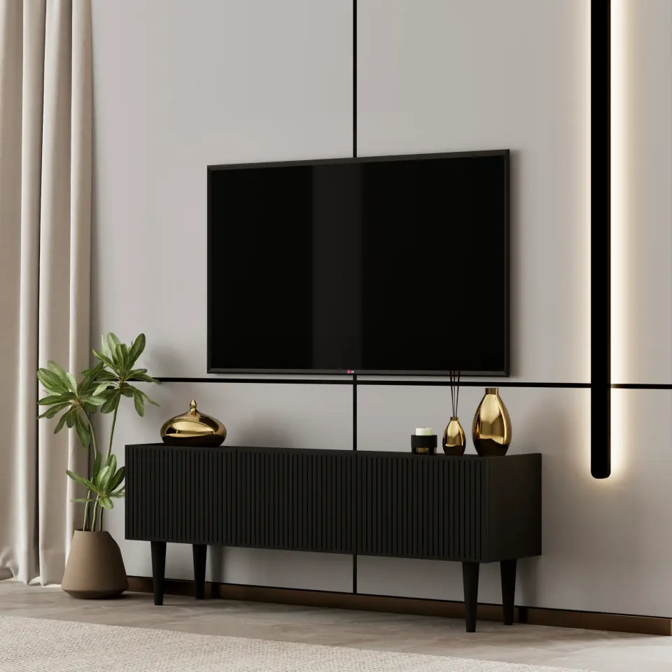 Capella Tv Ünitesi 120 cm ayaklı kapaklı raflı MDF (8 renk seçeneği) SİYAH