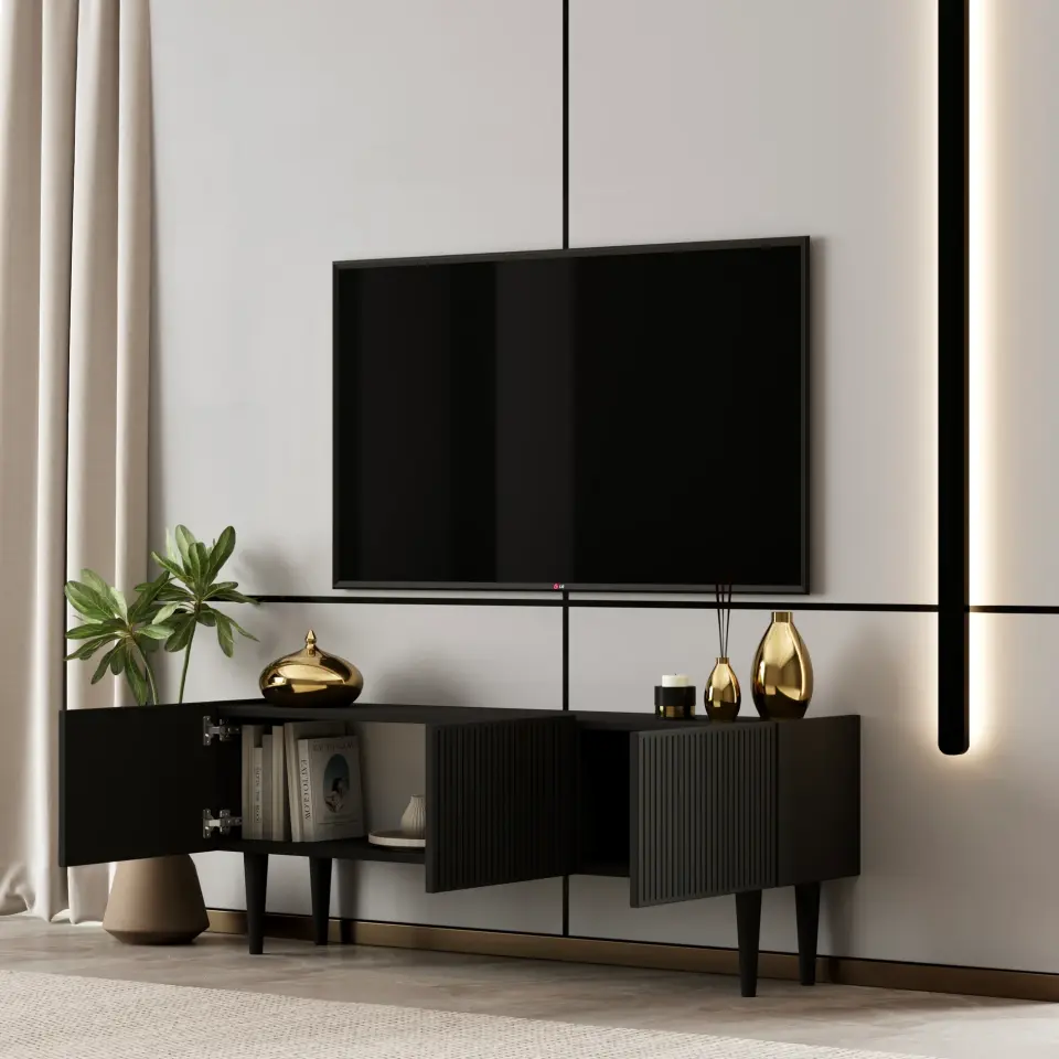 Capella Tv Ünitesi 120 cm ayaklı kapaklı raflı MDF (8 renk seçeneği) SİYAH