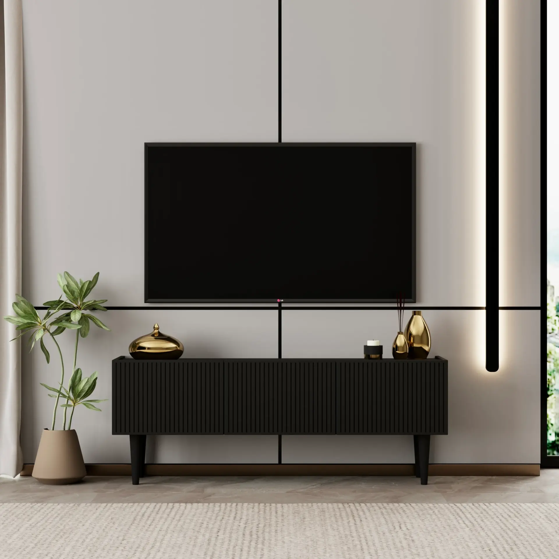 Capella Tv Ünitesi 120 cm ayaklı kapaklı raflı MDF (8 renk seçeneği) SİYAH