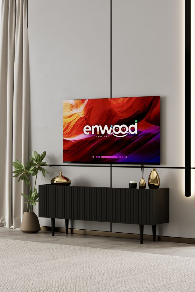 Capella 120 cm Ayaklı TV Ünitesi | Kapaklı Raflı MDF SİYAH