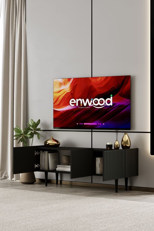 Capella 120 cm Ayaklı TV Ünitesi | Kapaklı Raflı MDF SİYAH