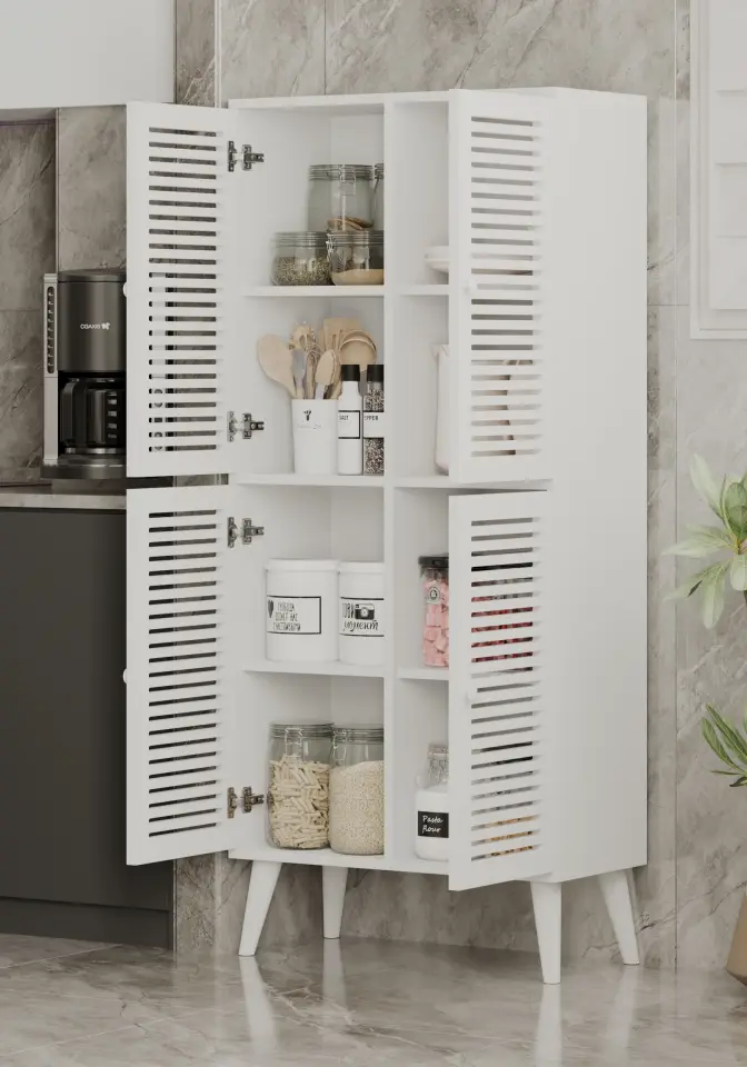 Deneb 4 Kapaklı (panjur kapak) Ahşap Ayaklı Kiler Dolabı (6 renk seçeneği) BEYAZ