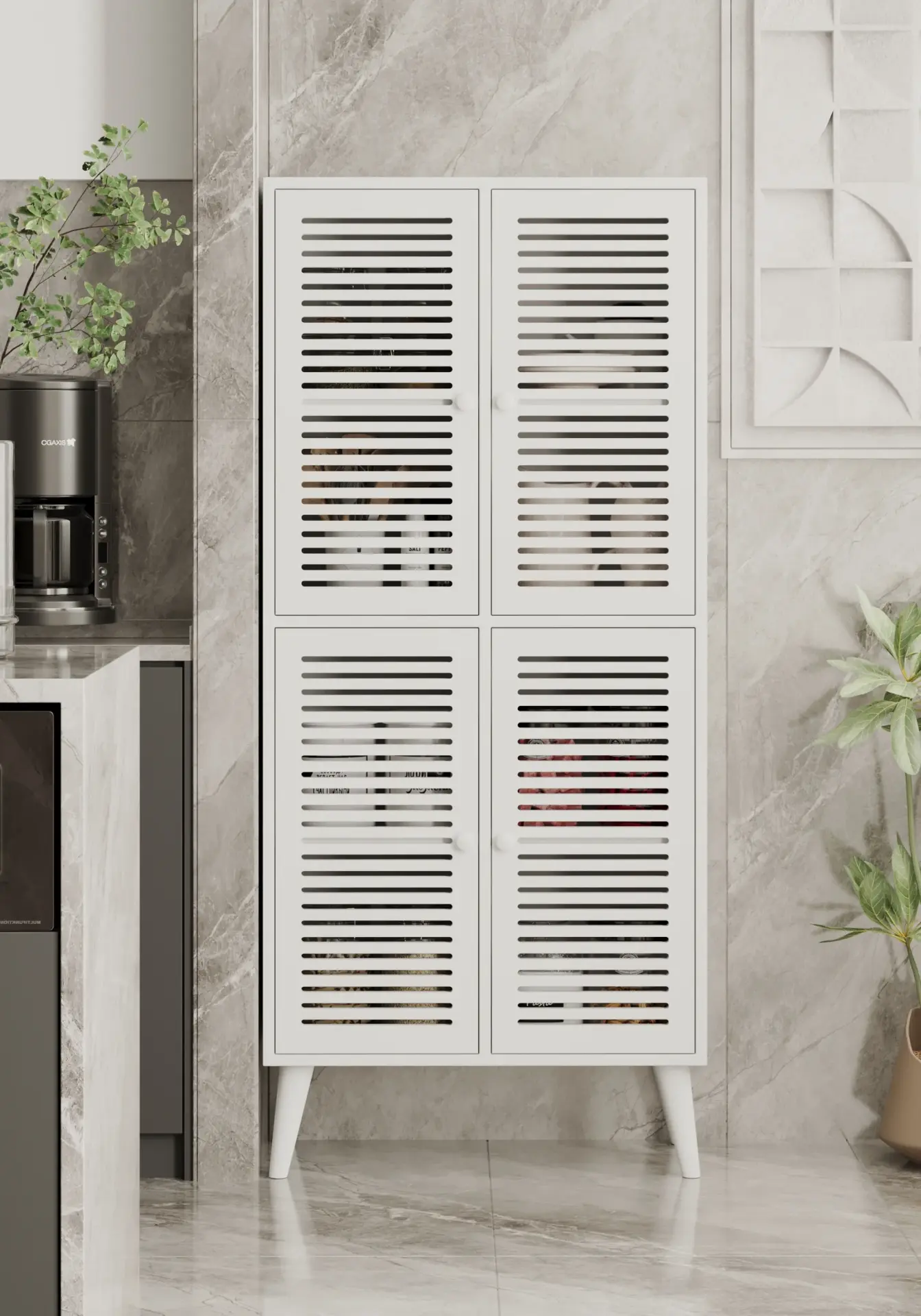 Deneb 4 Kapaklı (panjur kapak) Ahşap Ayaklı Kiler Dolabı (6 renk seçeneği) BEYAZ