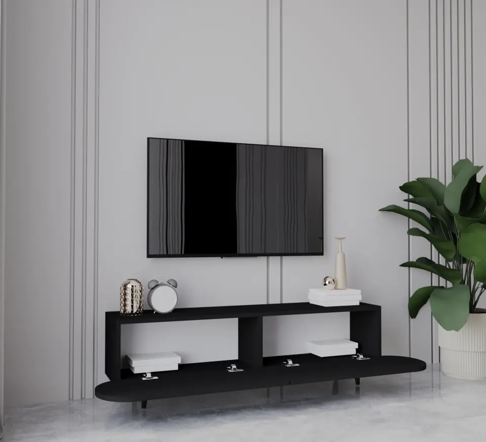 Regulus Mdf 2 Kapaklı Ahşap Ayaklı Country Tv Ünitesi 140 cm (4 renk seçeneği) SİYAH
