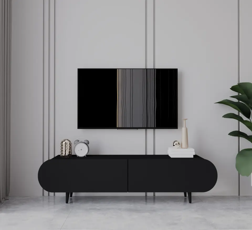 Regulus Mdf 2 Kapaklı Ahşap Ayaklı Country Tv Ünitesi 140 cm (4 renk seçeneği) SİYAH