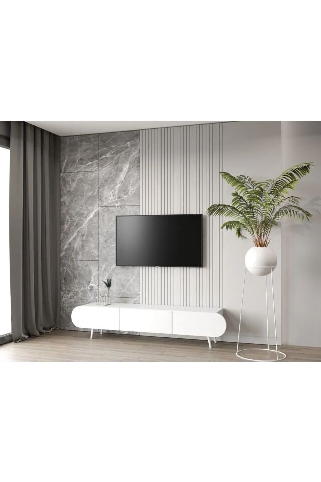 Regulus Mdf 3 Kapaklı Ahşap Ayaklı Country Tv Ünitesi 180 cm (4 renk seçeneği) BEYAZ