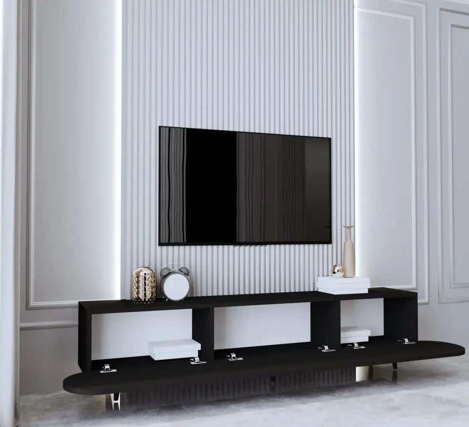 Regulus Mdf 3 Kapaklı Ahşap Ayaklı Country Tv Ünitesi 180 cm (4 renk seçeneği) SİYAH