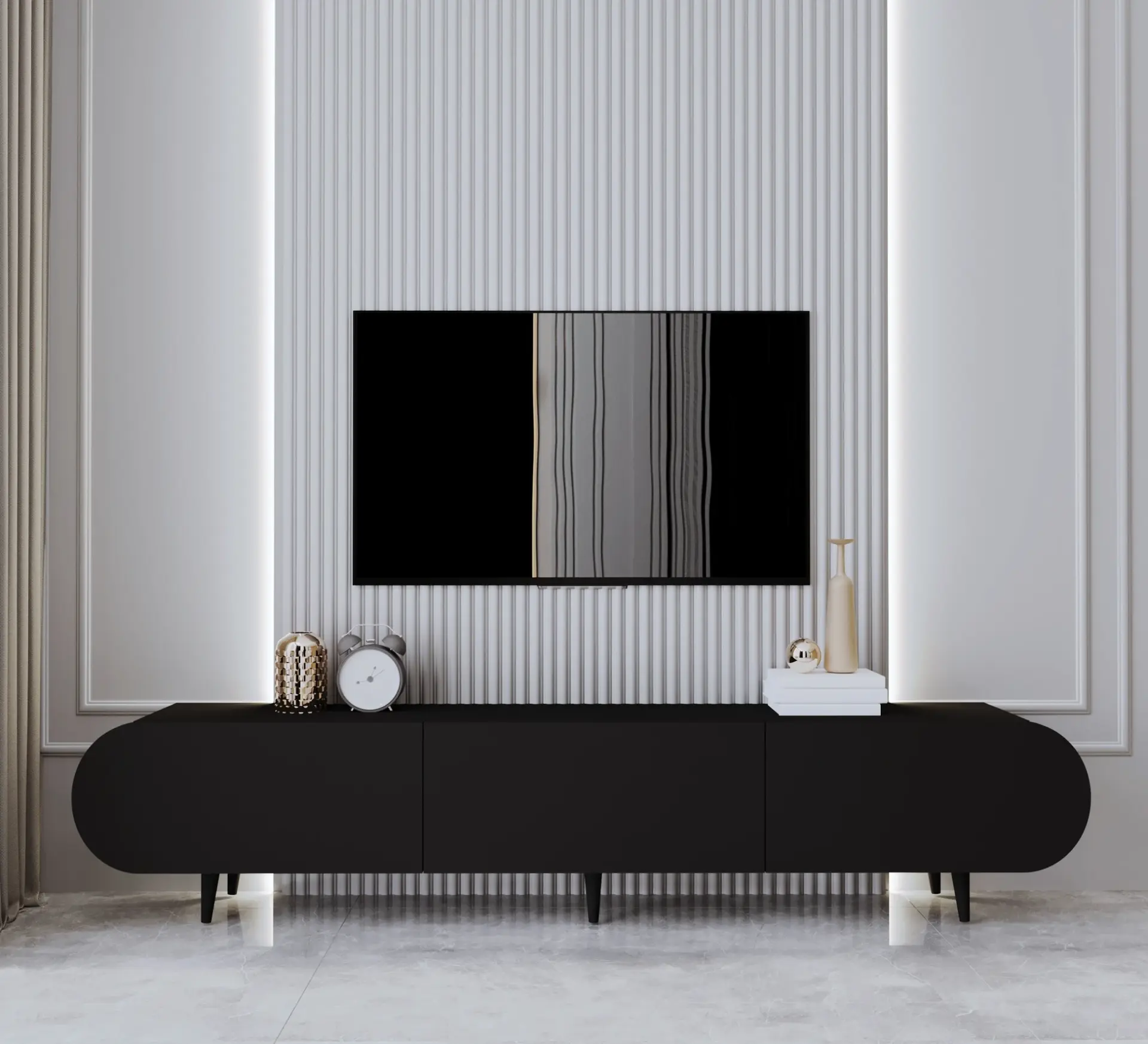 Regulus Mdf 3 Kapaklı Ahşap Ayaklı Country Tv Ünitesi 180 cm (4 renk seçeneği) SİYAH