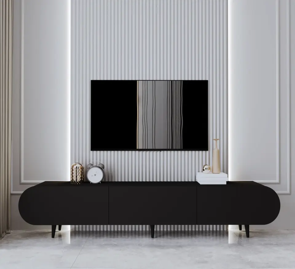 Regulus Mdf 3 Kapaklı Ahşap Ayaklı Country Tv Ünitesi 180 cm (4 renk seçeneği) SİYAH