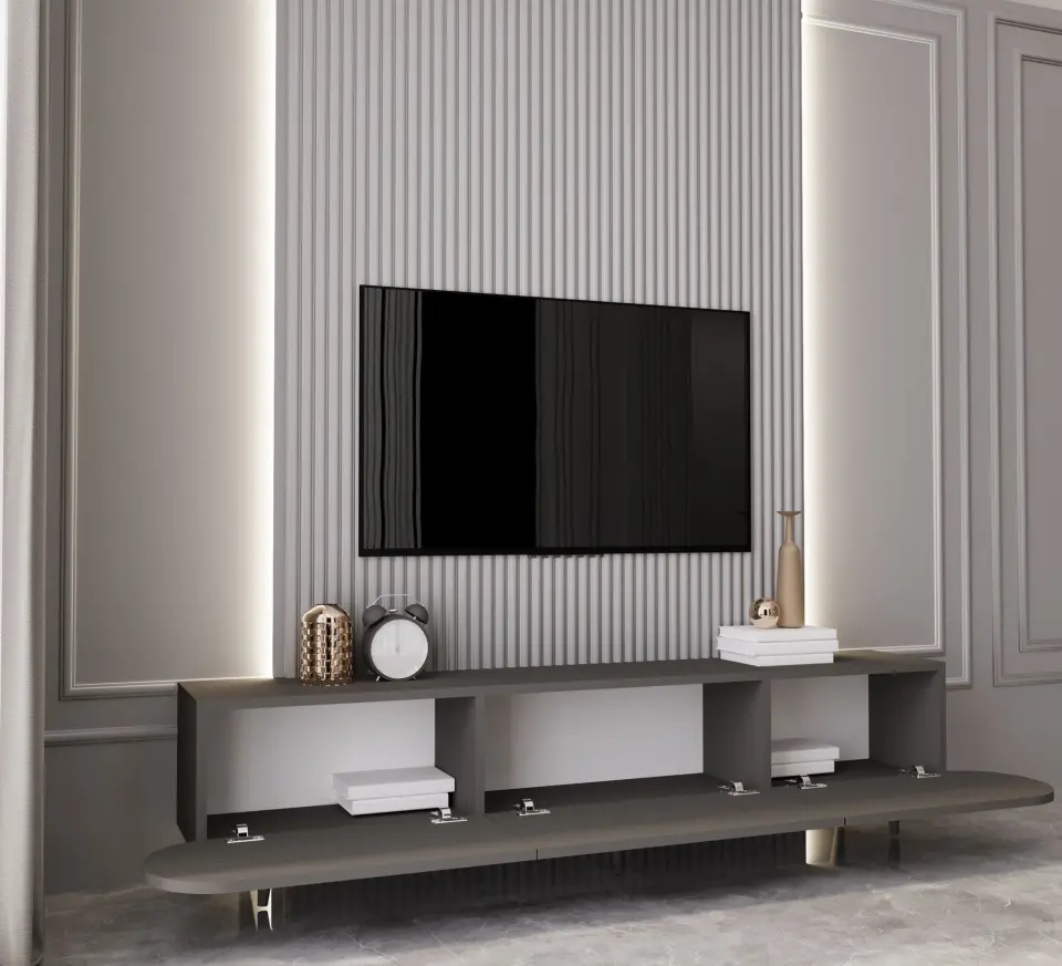 Regulus Mdf 3 Kapaklı Ahşap Ayaklı Country Tv Ünitesi 180 cm (4 renk seçeneği) GRİ