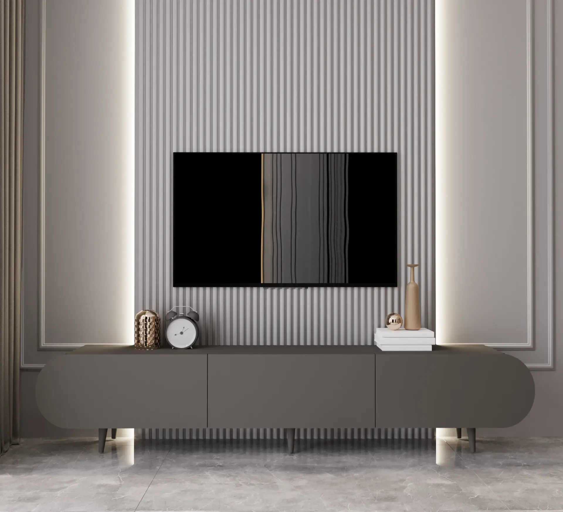 Regulus Mdf 3 Kapaklı Ahşap Ayaklı Country Tv Ünitesi 180 cm (4 renk seçeneği) GRİ