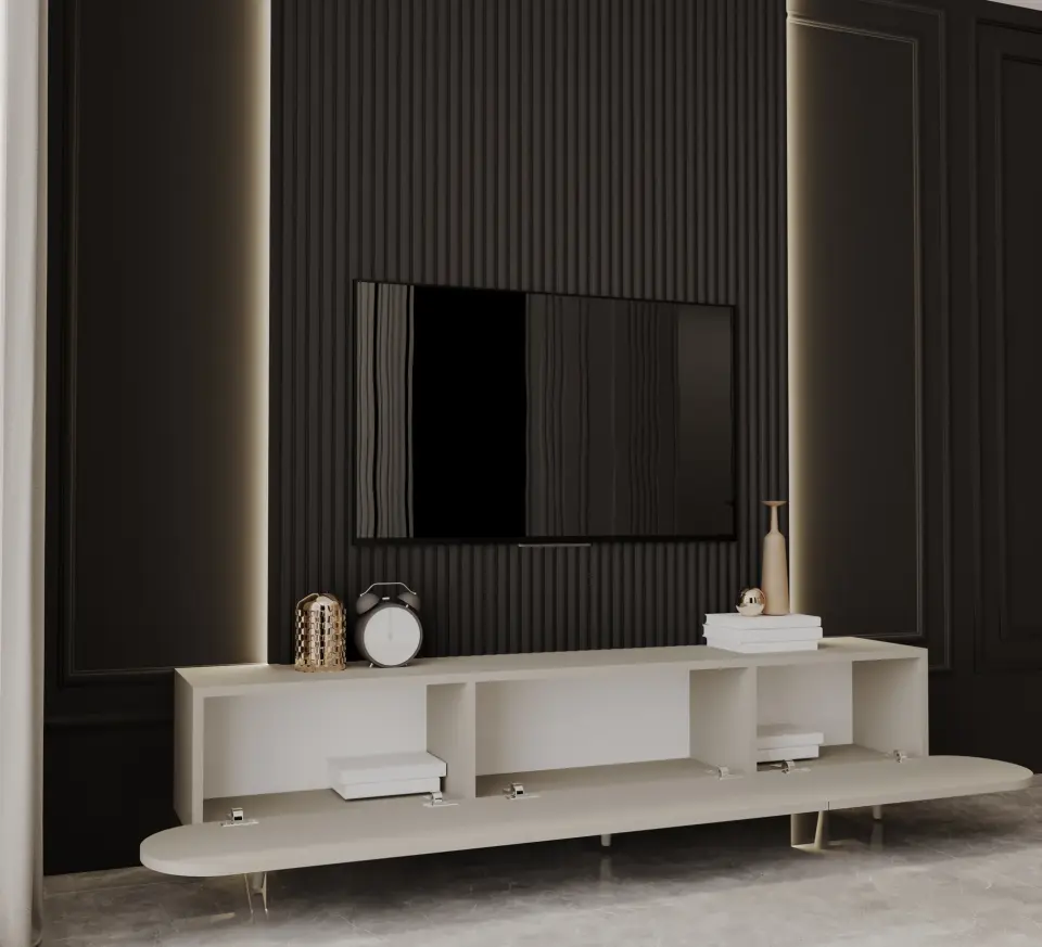 Regulus Mdf 3 Kapaklı Ahşap Ayaklı Country Tv Ünitesi 180 cm (4 renk seçeneği) KUM TAŞI