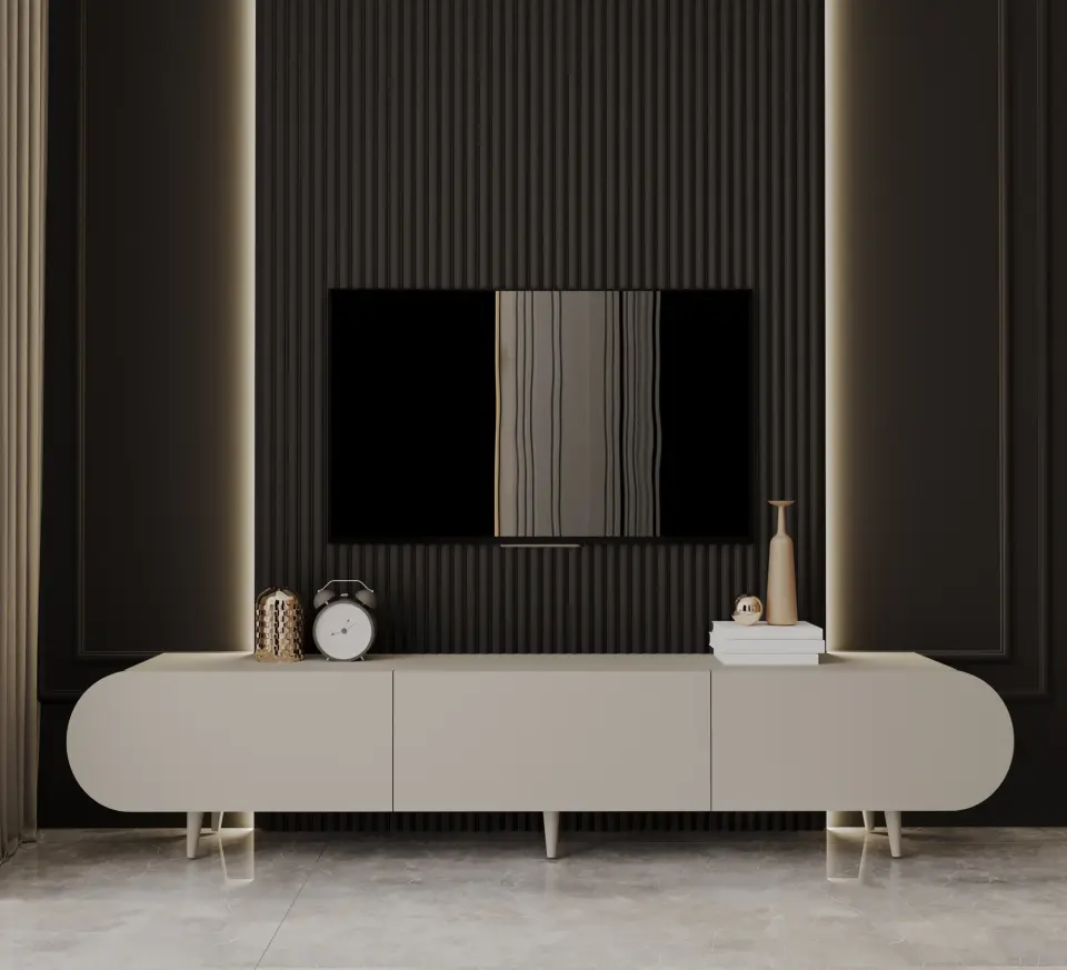 Regulus Mdf 3 Kapaklı Ahşap Ayaklı Country Tv Ünitesi 180 cm (4 renk seçeneği) KUM TAŞI
