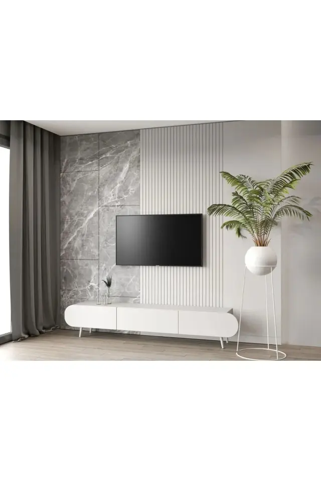 Regulus Mdf 3 Kapaklı Ahşap Ayaklı Country Tv Ünitesi 200 cm (4 renk seçeneği) BEYAZ