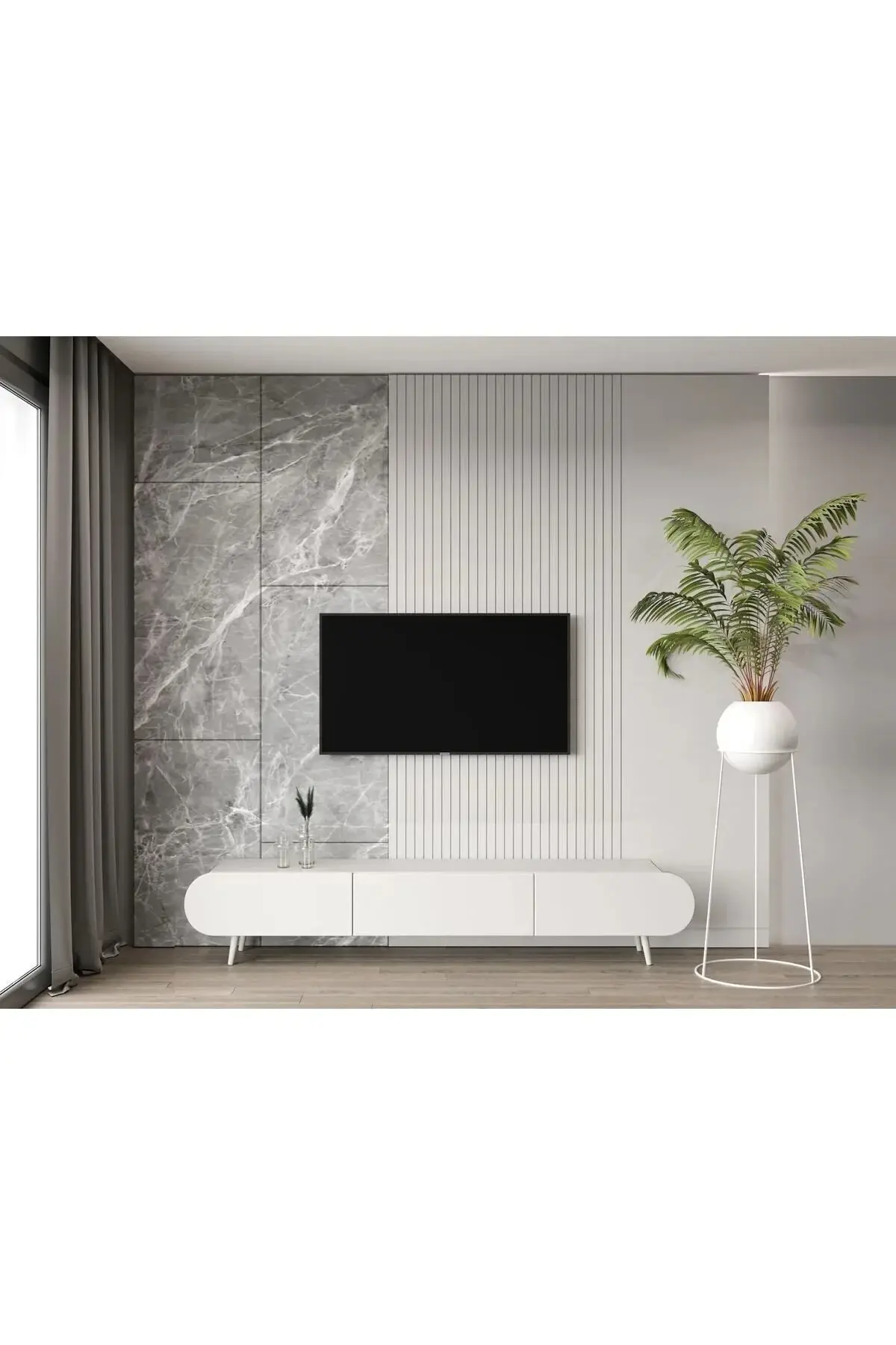 Regulus Mdf 3 Kapaklı Ahşap Ayaklı Country Tv Ünitesi 200 cm (4 renk seçeneği) BEYAZ