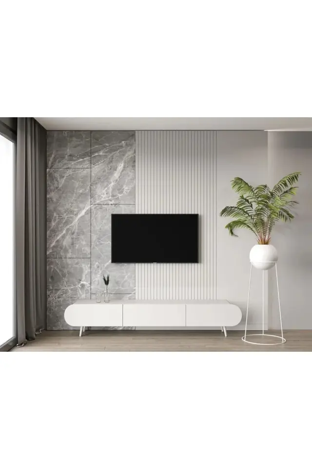Regulus Mdf 3 Kapaklı Ahşap Ayaklı Country Tv Ünitesi 200 cm (4 renk seçeneği) BEYAZ