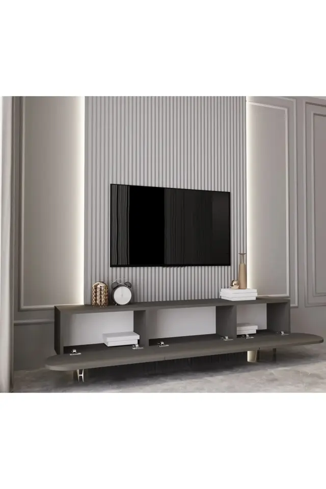 Regulus Mdf 3 Kapaklı Ahşap Ayaklı Country Tv Ünitesi 200 cm (4 renk seçeneği) GRİ