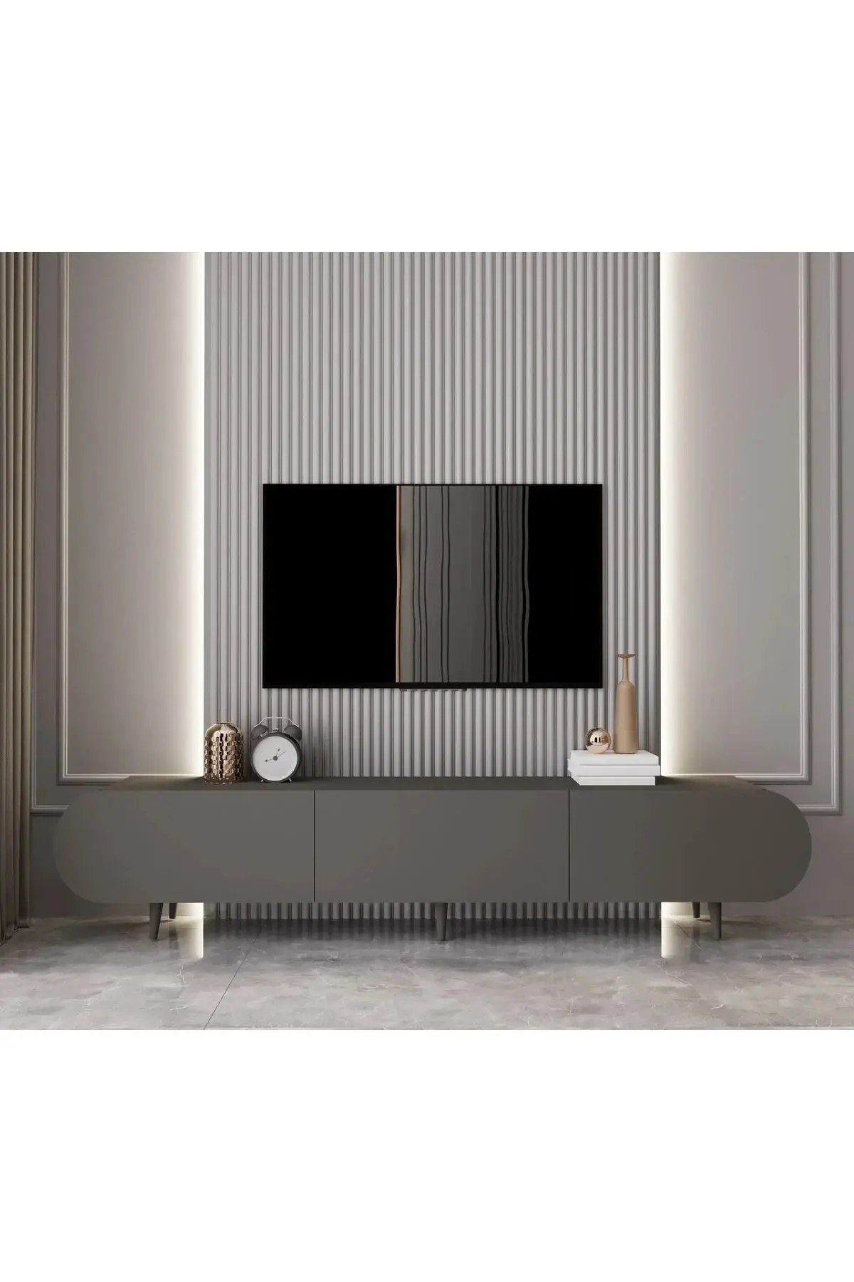 Regulus Mdf 3 Kapaklı Ahşap Ayaklı Country Tv Ünitesi 200 cm (4 renk seçeneği) GRİ