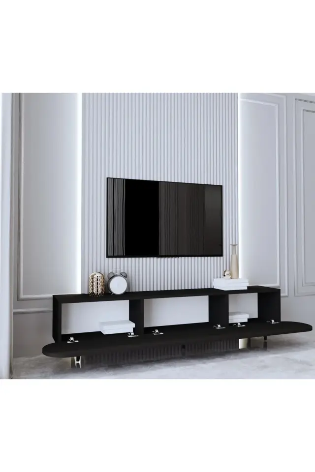 Regulus Mdf 3 Kapaklı Ahşap Ayaklı Country Tv Ünitesi 200 cm (4 renk seçeneği) SİYAH