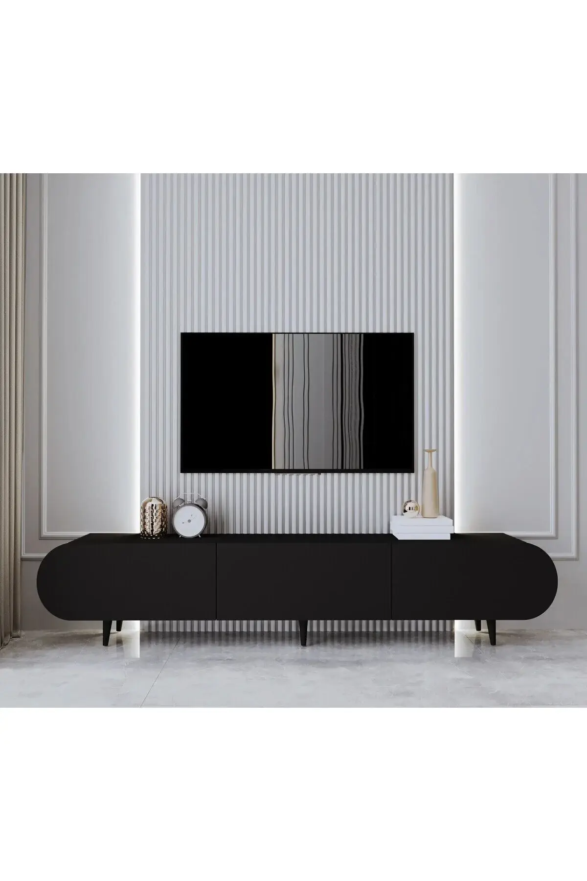 Regulus Mdf 3 Kapaklı Ahşap Ayaklı Country Tv Ünitesi 200 cm (4 renk seçeneği) SİYAH