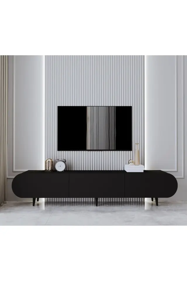 Regulus Mdf 3 Kapaklı Ahşap Ayaklı Country Tv Ünitesi 200 cm (4 renk seçeneği) SİYAH