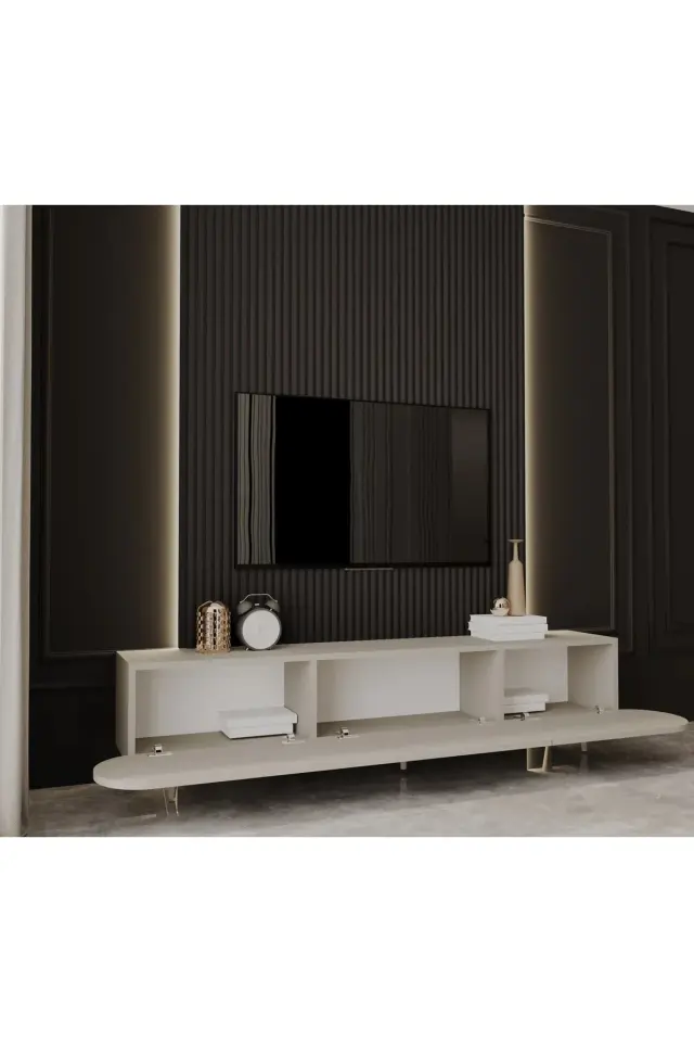Regulus Mdf 3 Kapaklı Ahşap Ayaklı Country Tv Ünitesi 200 cm (4 renk seçeneği) KUM TAŞI
