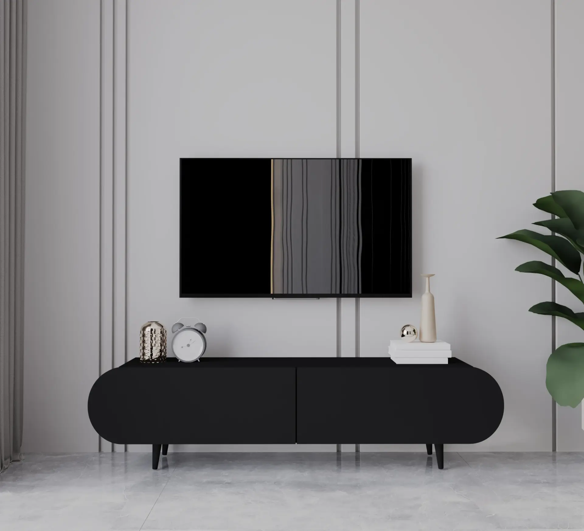 Regulus Mdf 2 Kapaklı Ahşap Ayaklı Country Tv Ünitesi 160 cm (4 renk seçeneği) SİYAH