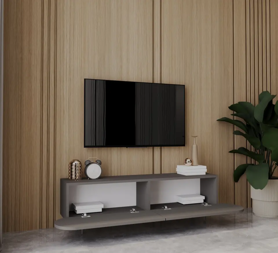 Regulus Mdf 2 Kapaklı Ahşap Ayaklı Country Tv Ünitesi 160 cm (4 renk seçeneği) GRİ