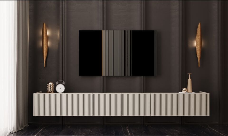 Capella Tv Ünitesi 240 cm duvara monte kapaklı raflı MDF (4 renk seçeneği)