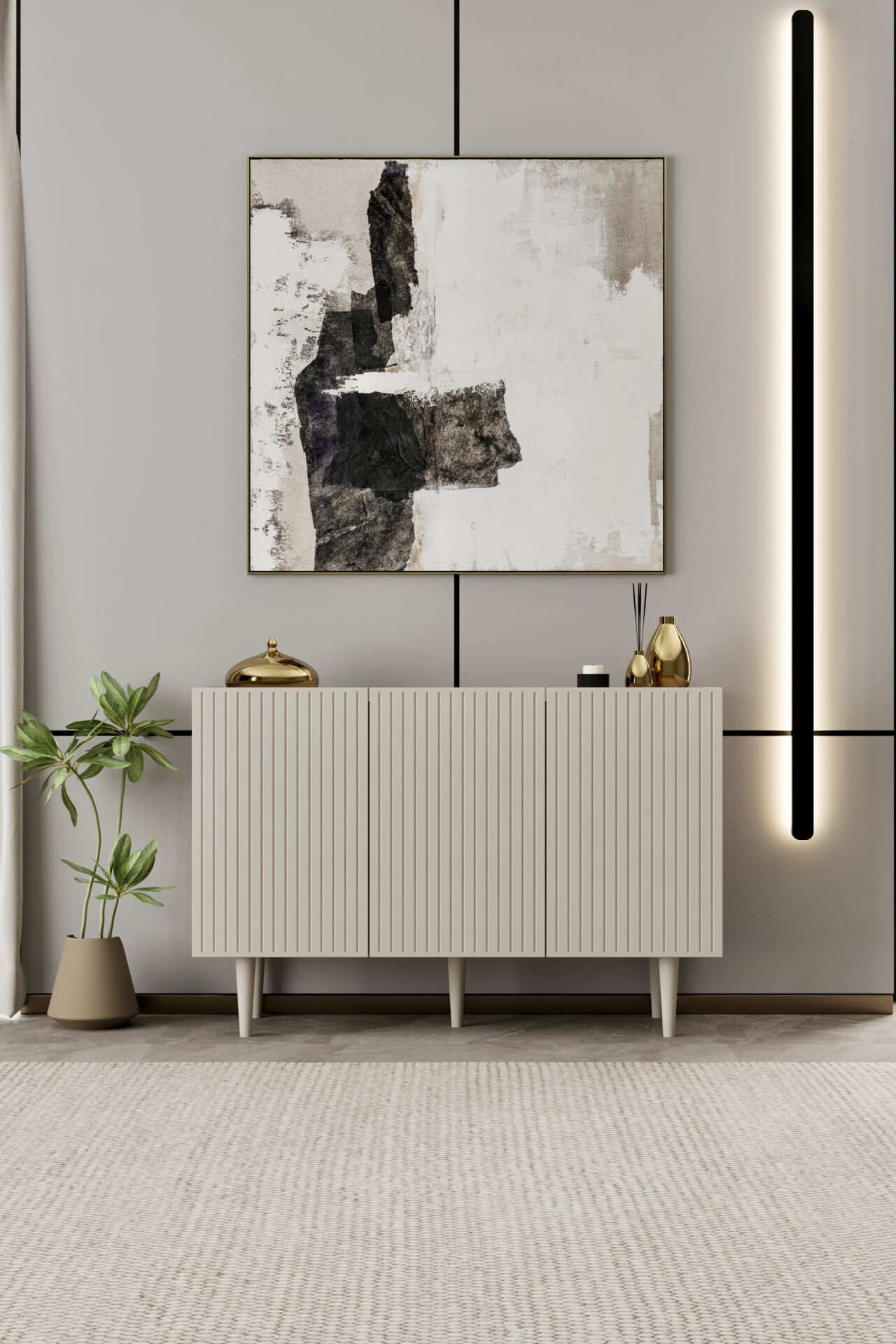 Capella 120 cm Ahşap Ayaklı Konsol | Raflı 3 Kapaklı MDF