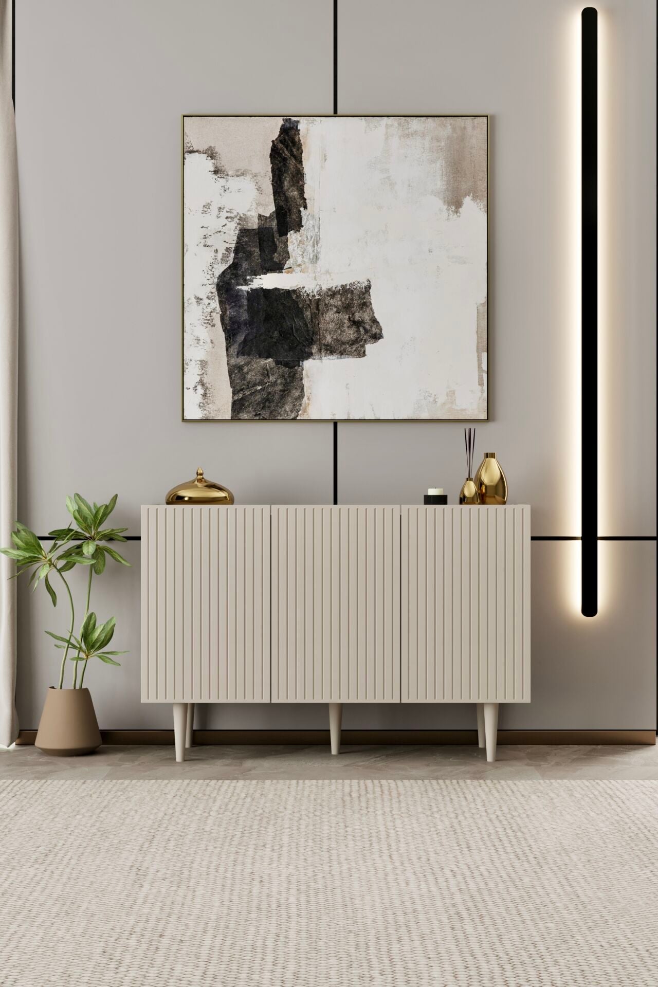 Capella 120 cm Ahşap Ayaklı Konsol | Raflı 3 Kapaklı MDF
