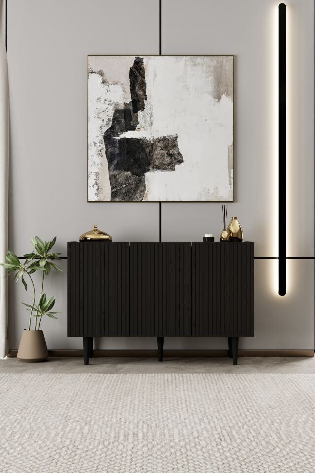 Capella 120 cm Ahşap Ayaklı Konsol | Raflı 3 Kapaklı MDF