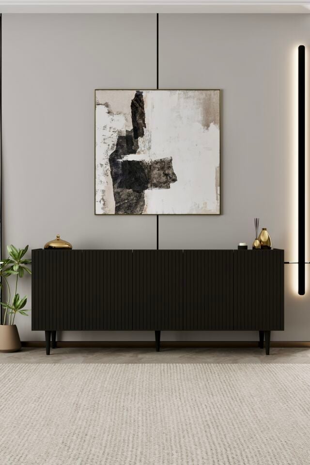 Capella 200 cm Ahşap Ayaklı Konsol | Raflı 5 Kapaklı MDF