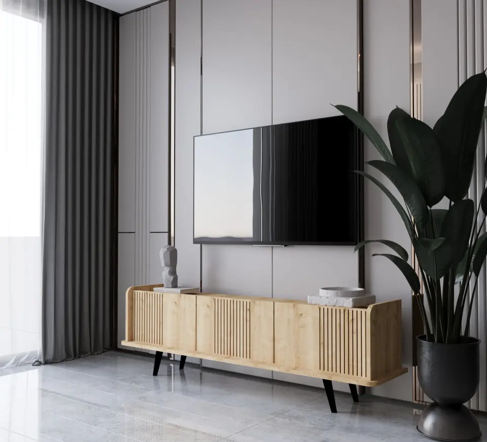SPİCA SAFİR MEŞE RENGİ MDF AHŞAP AYAKLI TV ÜNİTESİ (140 cm,160 cm,180 cm,)