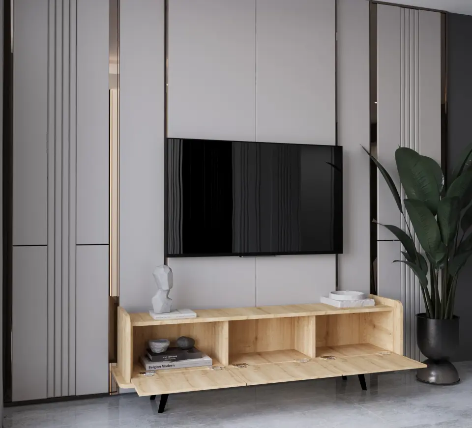 SPİCA SAFİR MEŞE RENGİ MDF AHŞAP AYAKLI TV ÜNİTESİ (140 cm,160 cm,180 cm,200 cm)