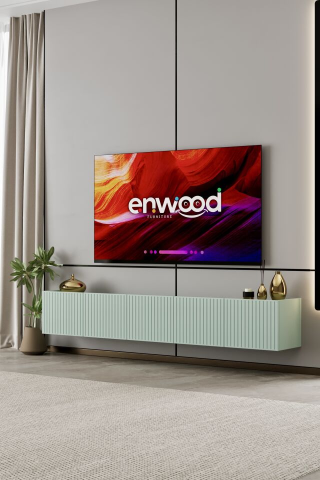 Capella Tv Ünitesi 200 cm 5 kapaklı duvara monte MDF (8 renk seçeneği) MİNT YEŞİLİ