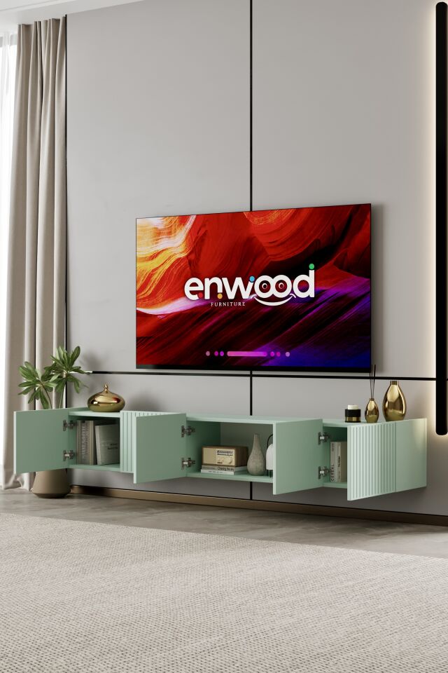 Capella Tv Ünitesi 200 cm 5 kapaklı duvara monte MDF (8 renk seçeneği) MİNT YEŞİLİ