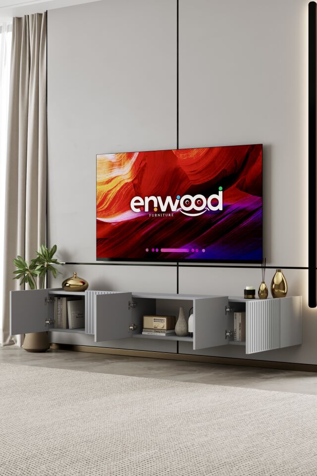 Capella Tv Ünitesi 200 cm 5 kapaklı duvara monte MDF (8 renk seçeneği) SİS GRİ