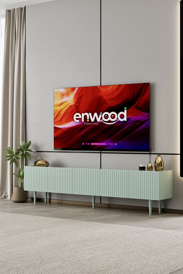 Capella Tv Ünitesi 200 cm 5 kapaklı ayaklı MDF (8 renk seçeneği) MİNT YEŞİLİ